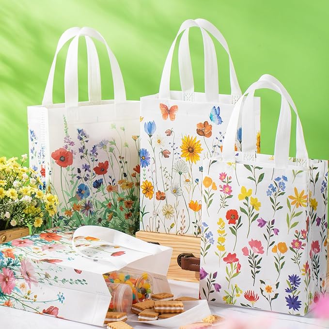48 Pcs Floral Gift Bags Wildflower Party Favor Reusable Non Woven Treat Tote Welcome Flower Goodie Gift Bags with Handle for Wedding Guest Birthday Bridal Baby Shower Decor Party Supplies