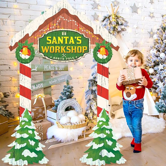 Teling 43.3 x 37.4 Inch Christmas Santa's Workshop Backdrop Decoration Large Christmas Photo Booth Props Photography Background Xmas Family Holiday Party Decoration