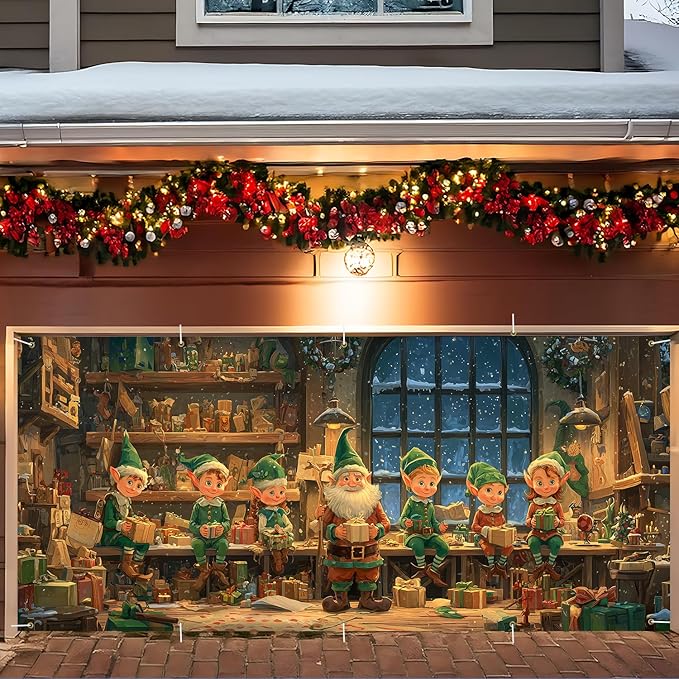 Santa's Workshop Christmas Garage Door Banner 7x16FT, Santa and Elves Holiday Scene, Large Outdoor Xmas Decoration for Garage Doors, Large Garage Cover for Christma