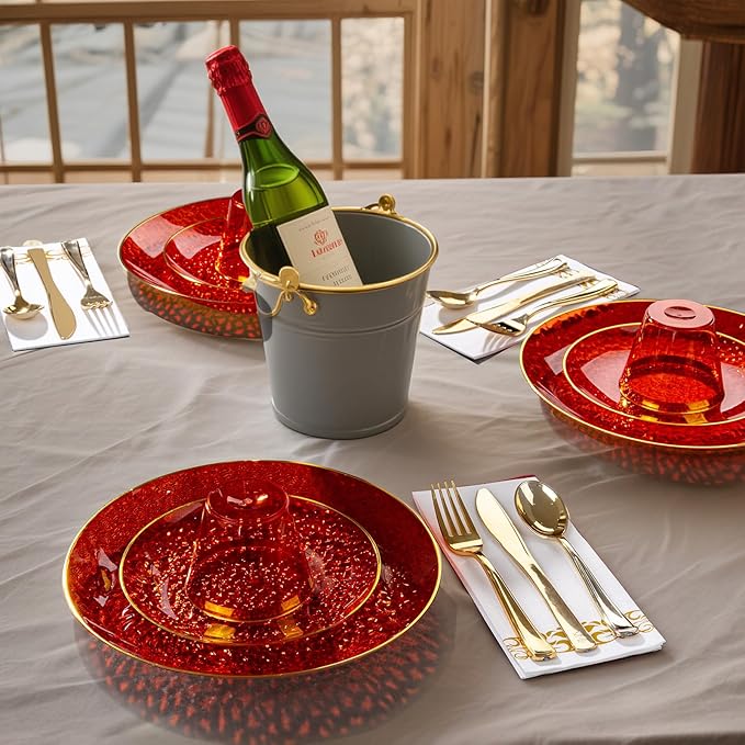 DaYammi 175PCS Clear Red Plastic Dinnerware Set, Hammered Disposable Plates for Valentine's Day Party, Include: 25 Dinner Plates 25 Dessert Plates 75 Gold Silverware 25 Napkins 25 Cups