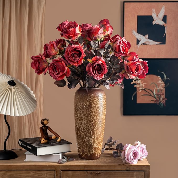 Artificial Flowers Artificial Roses 23.2In Fake Roses Long Stem Artificial Flowers for Tall Vase Silk Rose Suitable for Indoor Decoration Wedding Party Decor DIY Bouquet Autumn (20PCS,Red)