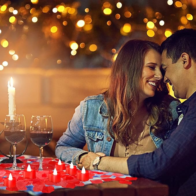Coume 6000 Pcs Artificial Rose Petals with 120 Pcs Heart LED Tea Lights Candles Kit Valentines Rose Petals Candles Set for Romantic Night Anniversary Proposal Wedding Date Hotel(Red Light)