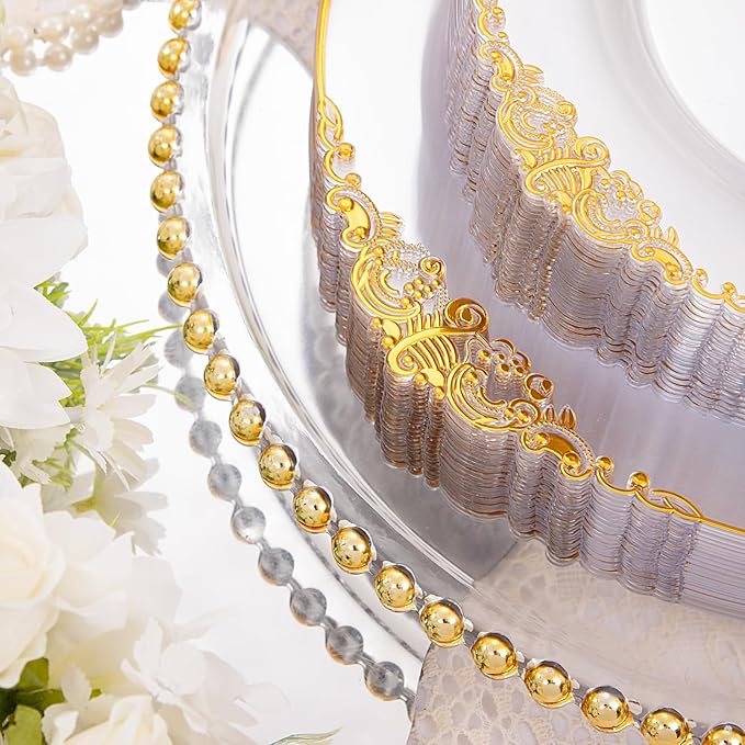 Hioasis 210pcs Clear and Gold Plates - Clear Party Plates for 30 Guest, Include 60 Heavy-duty Plates(20% Thicker Than Standard), 30 Pre Rolled Gold Plastic Silverware Set, 30 Cups