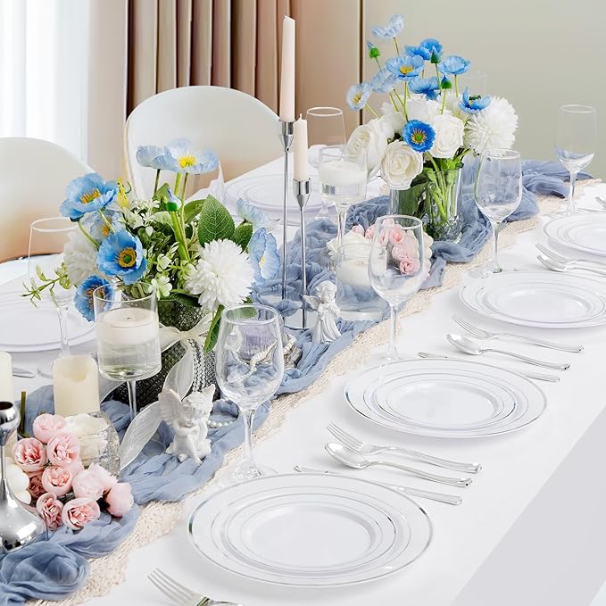 Supernal 102pcs White and Silver Plastic Plates Disaposable Party Plates White Silver Rim Heavy Duty Fancy Silver Plastic Dinnerware Set included 51 Dinner & Dessert Plates for Valentine's Day