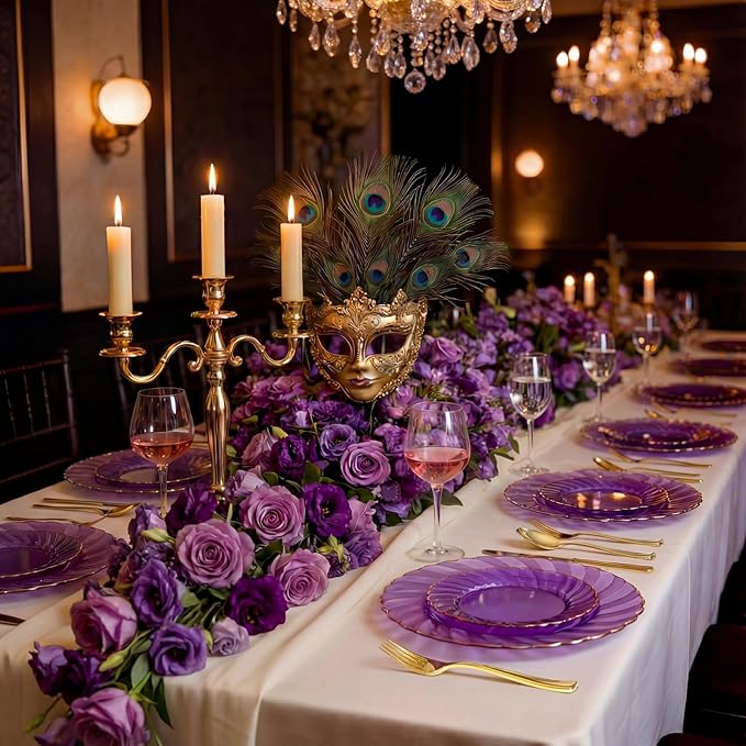 YOUBET 125PCS Purple Plastic Dinnerware Set - Gold and Clear Purple Disposable Plates Include 50 Plastic Plates 75 Silverwares for Wedding Birthday Parties & Mardi Gras Party