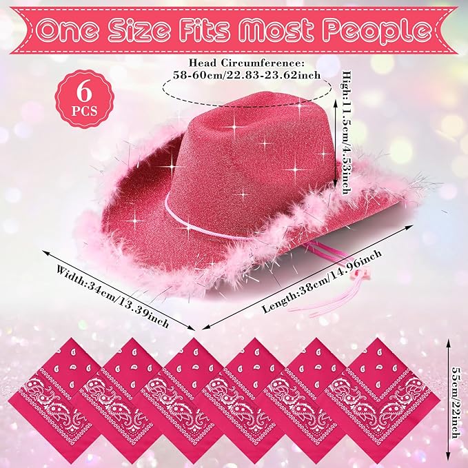 Coume 12 Pcs Sparkly Adults Cowboy Hat and Bandanas Women Men Western Glitter Cowgirl Party Hats with Adjustable Drawstring