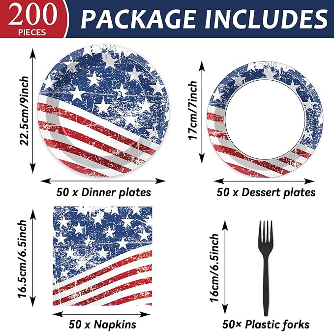 50 Guests Patriotic Party Plates and Napkins Tableware Set 4th of July American Flag Birthday Party Supplies Independence Day Dinnerware Favors Veterans Day Memorial Day Decorations for Kid Boys Girls