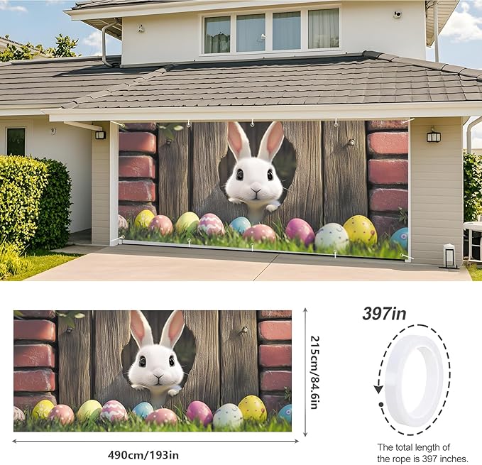 Easter Bunny Peeking Through Fence Garage Door Banner 7x16FT, Cute Bunny & Colorful Eggs, Outdoor Spring Decoration for Easter & Holiday Season