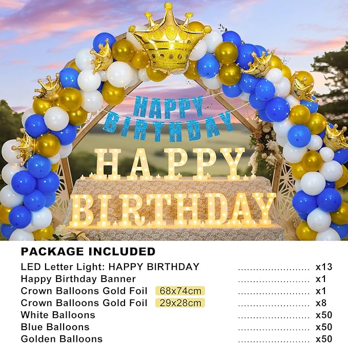 173pcs Happy Birthday LED Marquee Light Up Letters Sign Birthday Decorations with Crown Gold Foil Balloons and Banner for Anniversary Party Night Lamp Banquet Props
