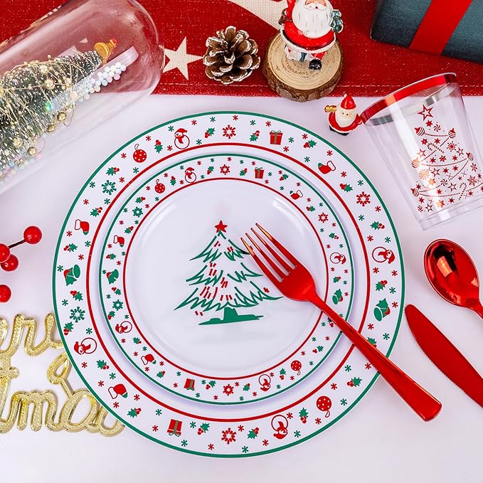 LIYH 150 Pcs Plastic Christmas Plates Disposable Christmas Dinnerware Set, Red Plastic Silverware,Cups Perfect 25 Guests