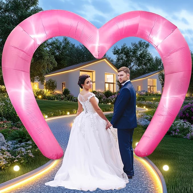 9 * 4.5FT Pink Valentine Inflatables Outdoor Decorations Heart Shaped Blow up Inflatable Archway with Build in LED for Indoor Outdoor Party Lawn Yard Garden Anniversary Wedding Decor
