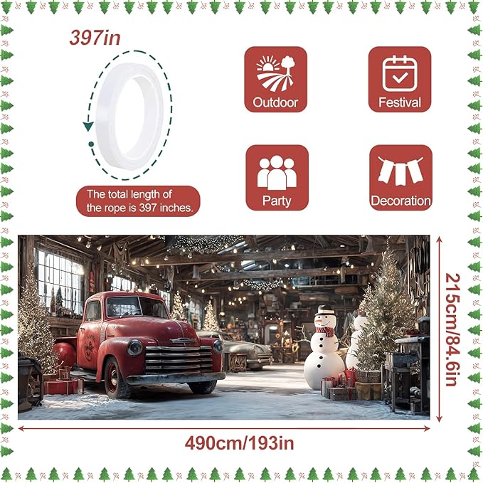 Christmas Garage Door Banner 7x16FT, Vintage Red Truck and Snowman Garage Cover, Outdoor Xmas Decorations for Garage Doors Driveways Holiday Parties