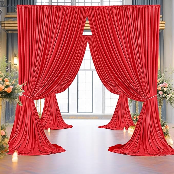 20ft×8ft Wrinkle Free Red Backdrop Curtain for Party, 4 Panels 5×8ft Thick Silky Polyester Red Photo Backdrop Drapes Curtains for Birthday Baby Shower Themed Parties Wedding Photography