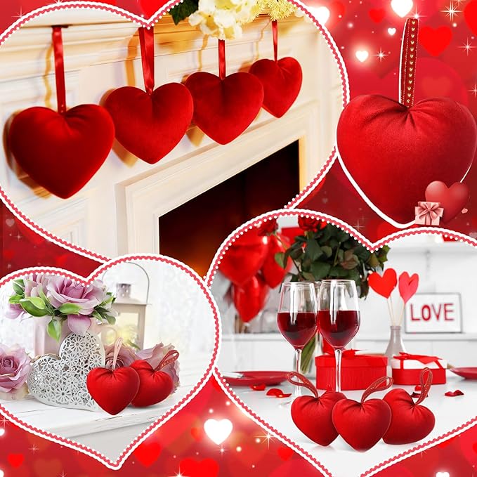 18 Pcs Valentine's Day Hanging Heart Ornaments Handmade Heart Shaped Velvet Gifts 4.3 Inches Hanging Valentine Tree Ornaments for Wedding Anniversary Party Decorations(Red)