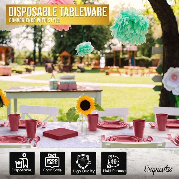 350 Pcs Burgundy Plastic Plates For Party, Burgundy Disposable Plates Set, 50 Of Each 9" Dinner Plate Set, 7" Dessert Plate, Cups, Napkins & Cutlery Plastic Dinnerware Exquisite