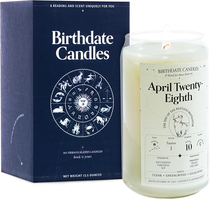 Birthdate Candles, April 28 - Taurus Zodiac Scented Candles Birthday Gift - Cedar, Sandalwood & Eucalyptus Scent - All-Natural Soy & Coconut Wax, 60-80 Hour Burn Time - Made in USA