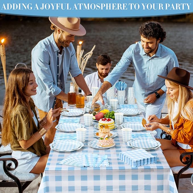 452 Pcs Blue Gingham Party Supplies for 50 Guests Include White and Blue Checkered Paper Plates Napkins Cups Tablecloth Cutlery Straws for Birthday Baby Shower Wedding Party Decorations