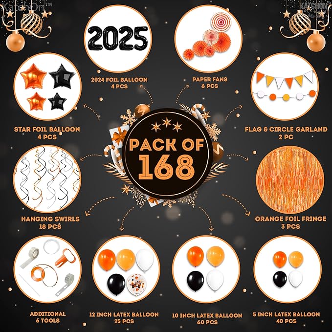KatchOn, 2025 Orange and Black Graduation Balloon Arch Kit 2025 - Huge, Pack of 168 | Grad Decor 2025 | Orange Fringe Backdrop | Graduation Decorations 2025, Grad Party Decorations