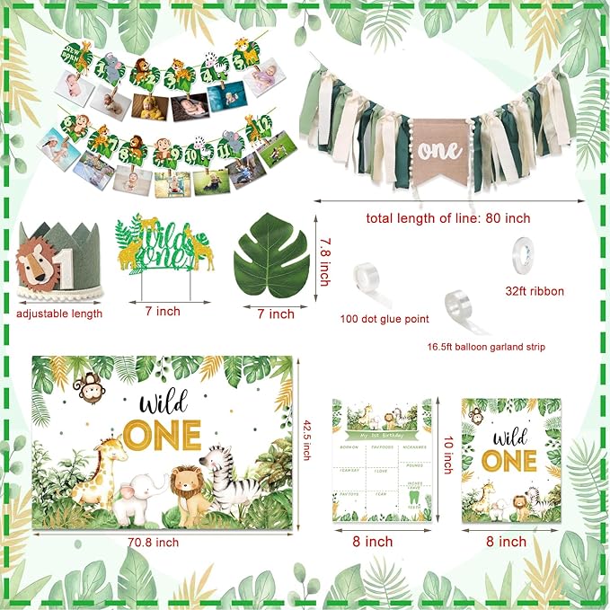 Wild One Birthday Decorations,Jungle Safari Animal Theme First Birthday Decorations Baby Shower Party Supplies for Boy Girl Photo Banner, Balloon Box, Balloons Garland, High Chair Banner, Backdrop