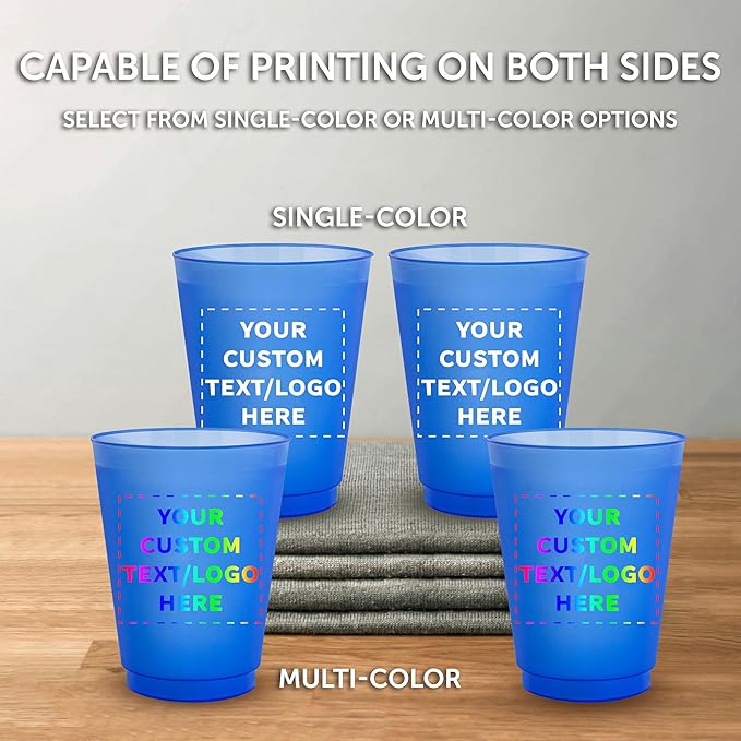 DISCOUNT PROMOS Custom Frosted Plastic Stadium Cups, 100 pack, Promotional Text, Logo, 16 oz. Shatterproof Flexible Reusable Party Cups, Blue