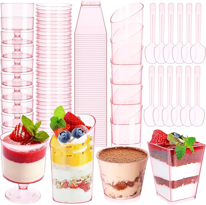 300 Pack Clear Pink Mini Dessert Cups with Spoons 5oz 3oz Plastic Square Slanted Parfait Appetizer Shooter Round Goblet for Valentines Day Dessert Table Party Pudding Ice Cream Cake Yogurt