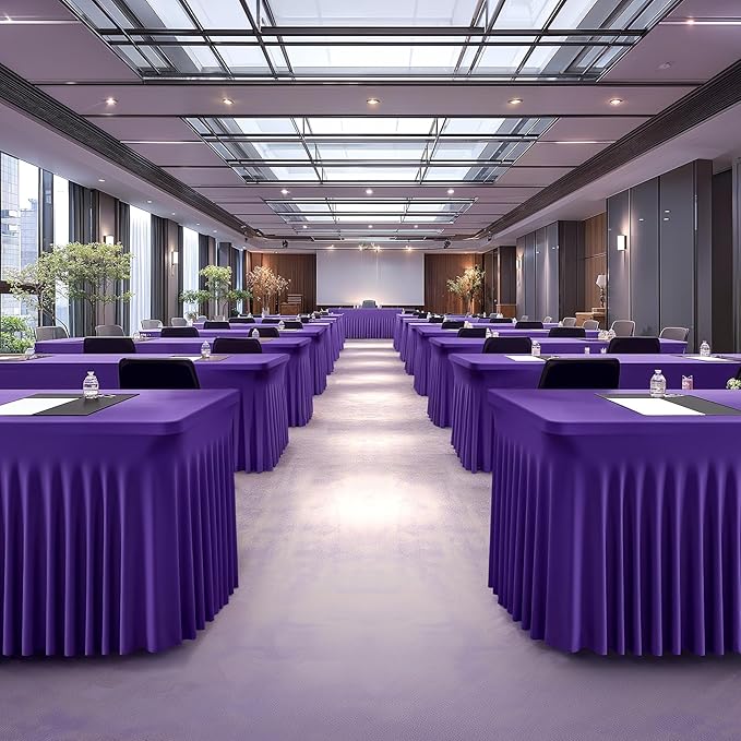 6 Packs Purple Table Clothes for 6 Foot Rectangle Tables, One-Piece Wrinkle Resistant Stretch Spandex Table Covers with Skirt for Event Banquet Wedding Birthday Party