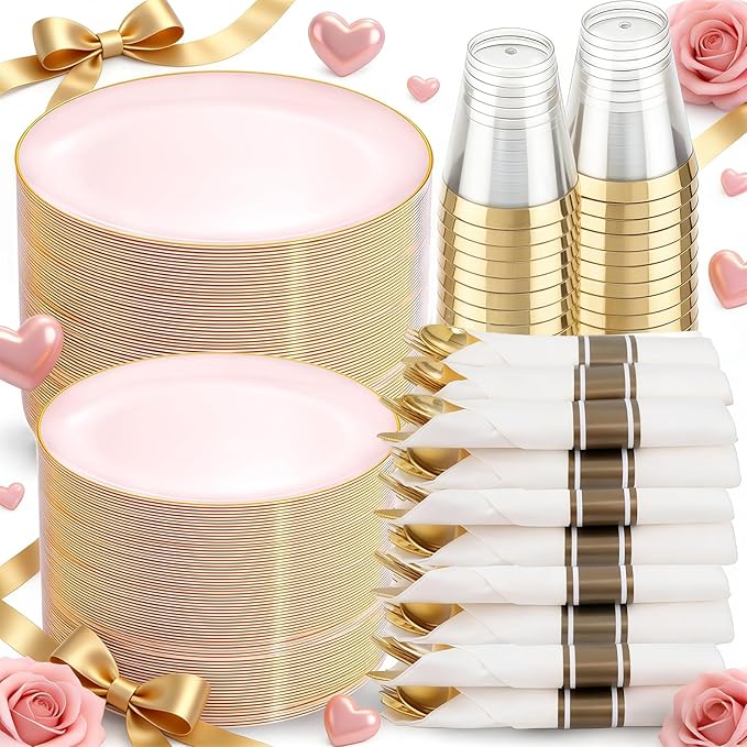 KIRE 350 PCS Pink Plastic Plates - Pink and Gold Disposable Dinnerware 50 Guest Include 50 Dinner Plate - 50Dessert Plate - 50Pre Rolled Napkins with Silverware for Valentine’s Day/Wedding/Baby Shower