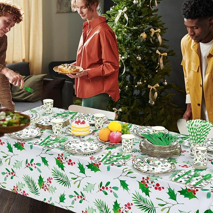 452 Pcs Christmas Party Supplies for 50 Guest, Holly Berry Leaves Holiday Xmas Paper Plates Napkins Cups Tablecloth Cutlery Straws Disposable Tableware for Merry Christmas Party Decorations