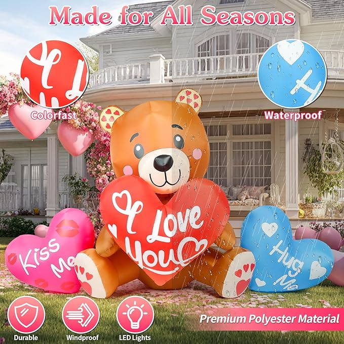 LETIME 10.5 FT Long Valentines Inflatables Outdoor Decorations Valentines Day Blow up Bear with Hearts and LED Lights for Holiday Party Outdoor Yard Garden Lawn Wedding Anniversary