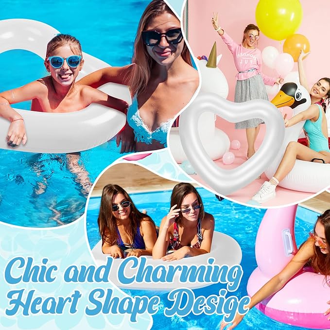 Junkin 47. 3 x 39. 4 Inch White Heart Pool Float Bachelorette Inflatable Swim Float Bride Pool Water Ring Loungers Tube Swimming for Engagement, Wedding, Summer Beach Party(2 Pcs)