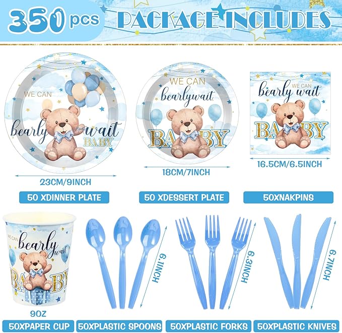 Dandat 350 Pcs Baby Shower Plates Set Baby Shower Party Supplies Serves 50 Tableware Sets Include Plates Napkin Cup Forks Knives Spoons Disposable Dinnerware(Bear,Blue)