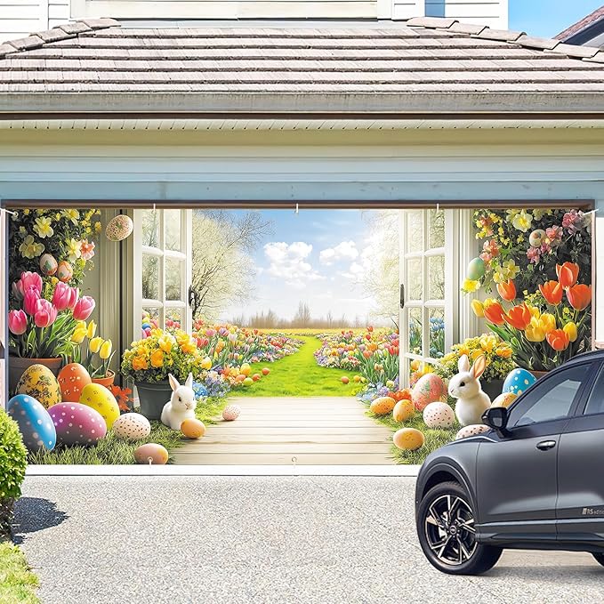 Easter Garden View Garage Door Banner 7x16FT, Spring Flowers, Easter Eggs & Bunnies, Outdoor Decoration for Yard, Garage & Front Door