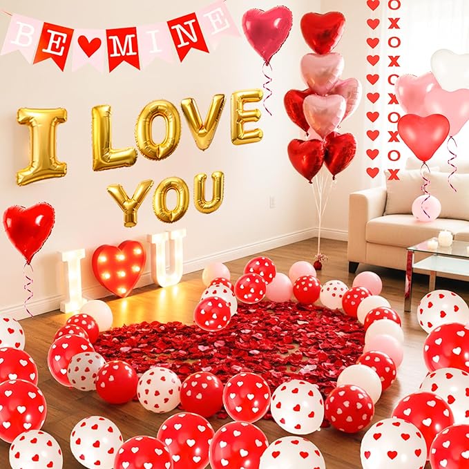 Auihiay Valentines Day Decorations Kit - 236 Inch Hearts LED String Lights, 2000 Rose Petals, XO Heart Garland, I LOVE YOU Light Board & Heart Foil Balloons for Valentine Proposal Wedding Anniversary