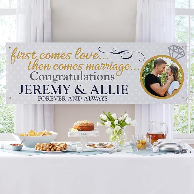 Let's Make Memories Personalized Engagement Banner - Customized Photo Banner - Engagement Party Décor - Indoor/Outdoor Vinyl - We're Engaged - 10 ft