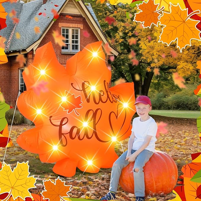 VIHOSE Thanksgiving Inflatable Decorations 5. 25 ft Fall Blow up Decor Fall Maple Leaves LED Lights Inflatable Decoration for Autumn Harvest Indoor Outdoor Yard Garden Lawn Party