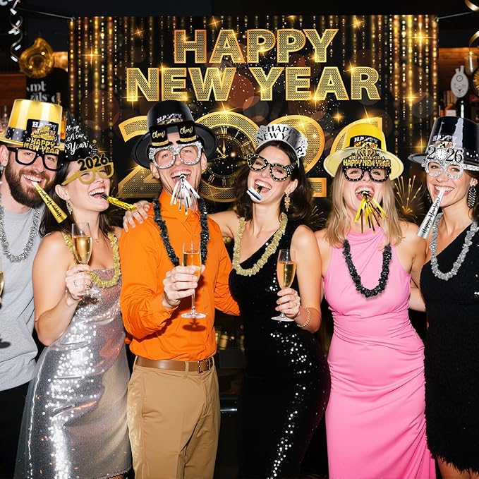 MOVINPE 2026 New Years Eve Party Supplies Bulk Serve 120 - New Year's Banner Backdrop Top Hats, Cone Hats, Tiara, Glasses, Leis, Horns, Blowouts, Noiese Makers, Event Party Favors