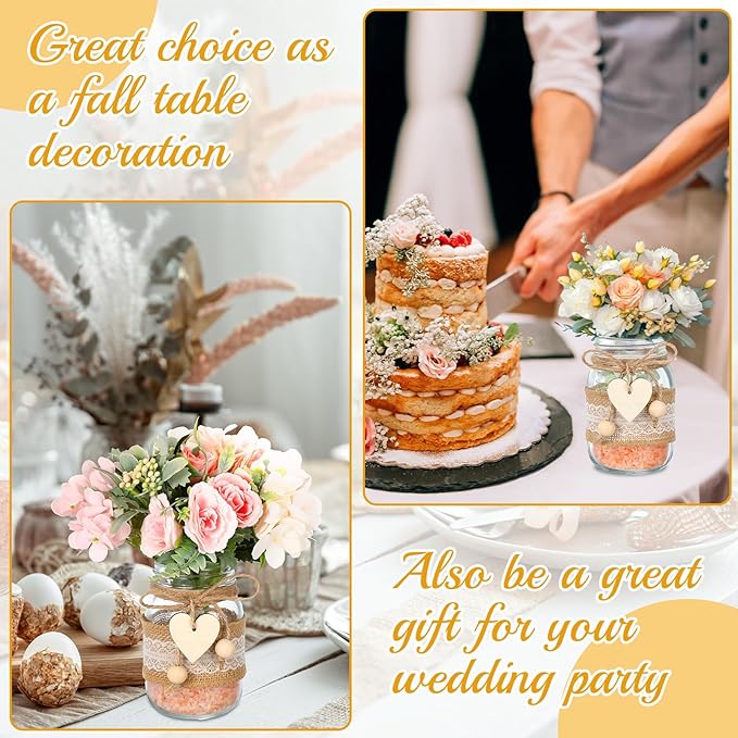 Mumufy 6 Sets Mason Jar Table Centerpiece with Lace Sleeves and Heart Shaped Hemp Rope Rustic Mason Jar Vases Reception Engagement Party Bridal Shower Centerpieces Wedding Table Decorations