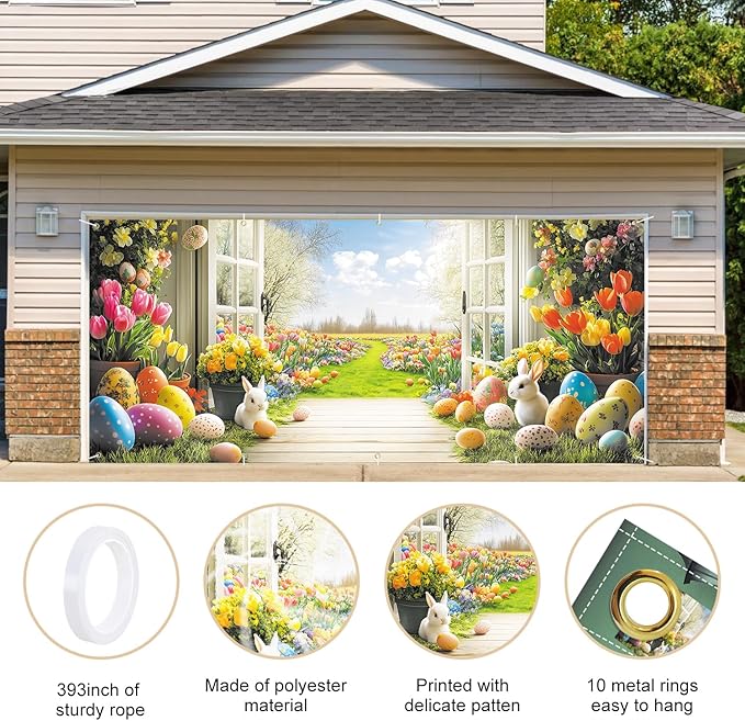 Easter Garden View Garage Door Banner 7x16FT, Spring Flowers, Easter Eggs & Bunnies, Outdoor Decoration for Yard, Garage & Front Door