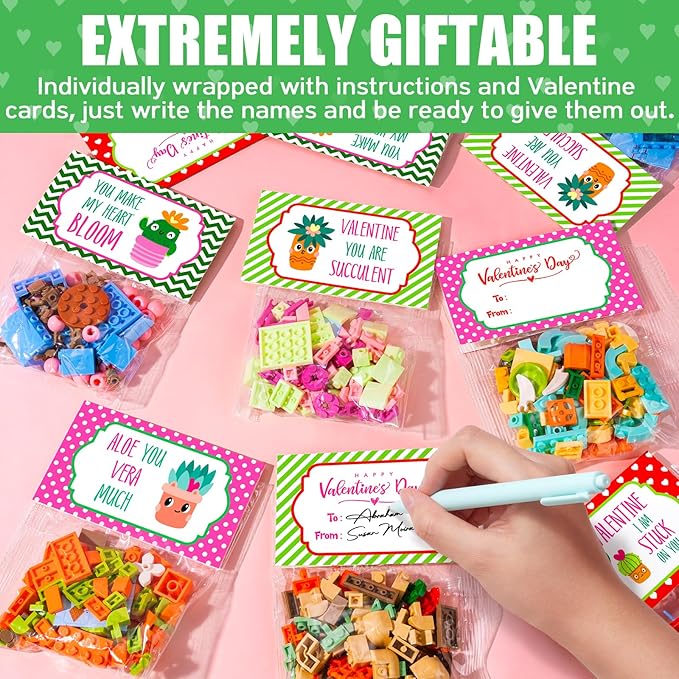 Valentines Day Gifts for Kids - 24 Packs Succulents Building Blocks with Valentines Day Cards for Kids School Boys Girls, Artificial Botanical Toy Exchange Gifts Classroom Prizes Party Favor
