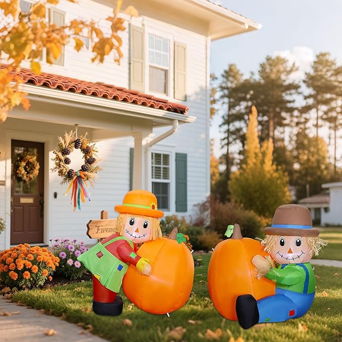 Lulu Home Thanksgiving Inflatable Decoration, Set of 2 Air Blown Scarecrow Couples with Built-in LED Lights for Fall Autumn Harvest Decor (Sitting & Standing Scarecrows)