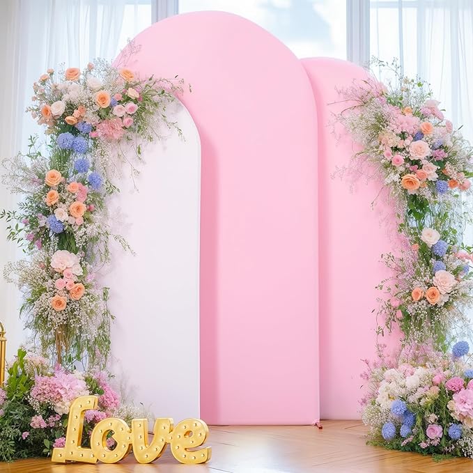 White and Pink Arch Cover 3 Set-6FT, 5FT, 4FT Arch Backdrop Cover Spandex Fitted 2-Color Fabric Stand Covers for Baby Shower Gilrs Birthday Party Ceremony Banquet Photo Background Decorations