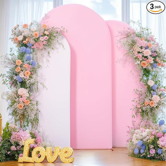 White and Pink Arch Cover 3 Set-8FT, 7.2FT, 6.6FT Arch Backdrop Cover Spandex Fitted 2-Color Fabric Stand Covers for Baby Shower Gilrs Birthday Party Ceremony Banquet Photo Background Decorations