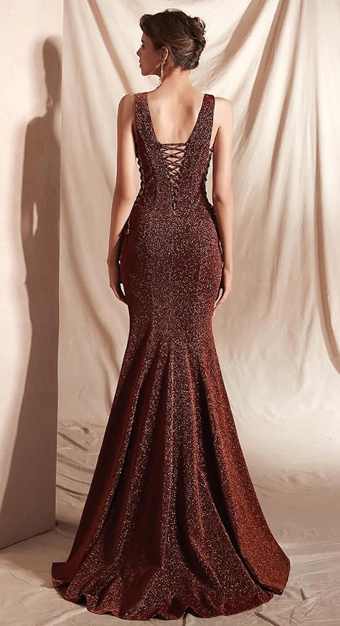 Women's Double V-Neck Sequins Lace-up Mermaid Evening Dress