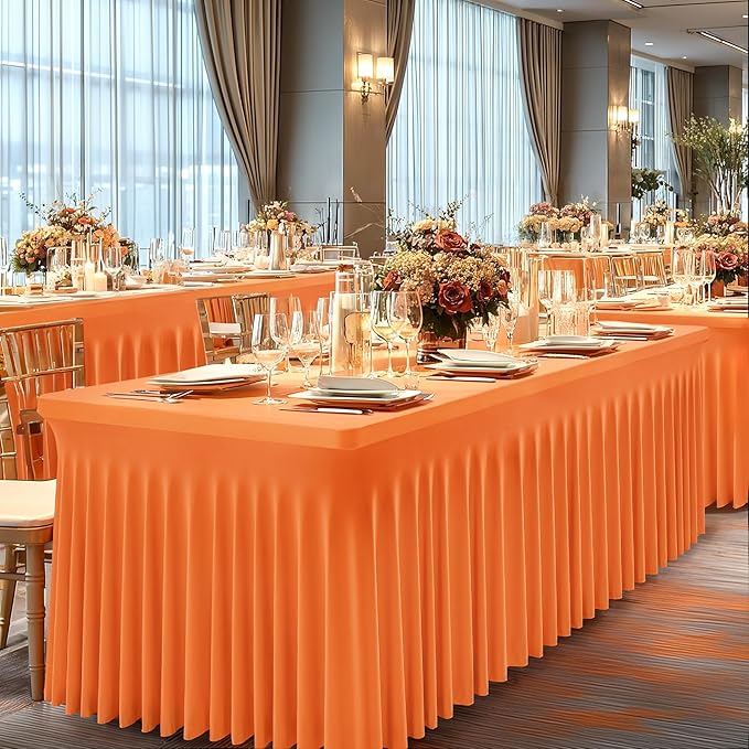 6 Packs Orange Table Clothes for 6 Foot Rectangle Tables, One-Piece Wrinkle Resistant Stretch Spandex Table Covers with Skirt for Event Banquet Wedding Birthday Party