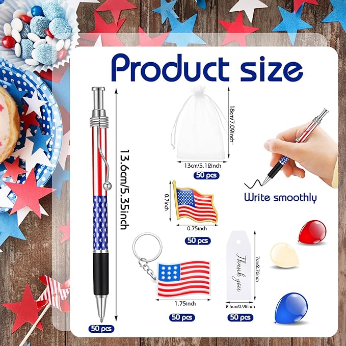 Qilery 250 Pcs Veterans Day Style American Flag Lapel Pins Ballpoint Pen Independence Day Flag Keychains Thank You Card Organza Gift Bag for Home School Office 4th of July Party Supplies