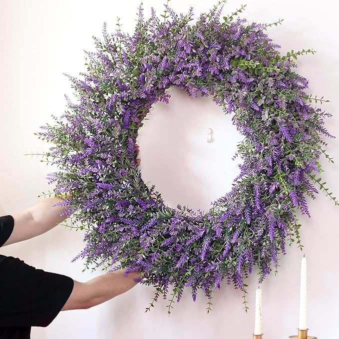 32'' Large Eucalyptus and Lavender Wreath for Front Door, Porch, Window- Artificial Eucalyptus Leaves with Lavender Wreath for Home, Farmhouse Wall Decor- Spring, Summer, Fall, All Seasons (Purple)
