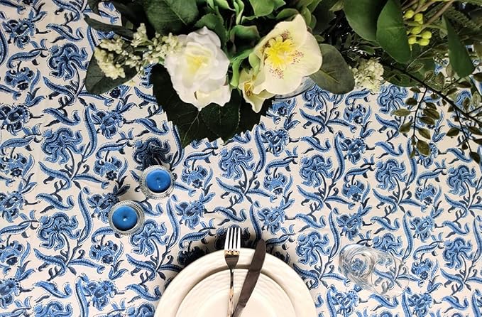 ATOSII Midnight Bloom 100% Cotton Fall Tablecloth, Handblock Print Blue Square Table Cloth for Kitchen Dining Table Linen I Parties Wedding Christmas Thanksgiving Outdoor Fall Decor 60 X 60 Inches