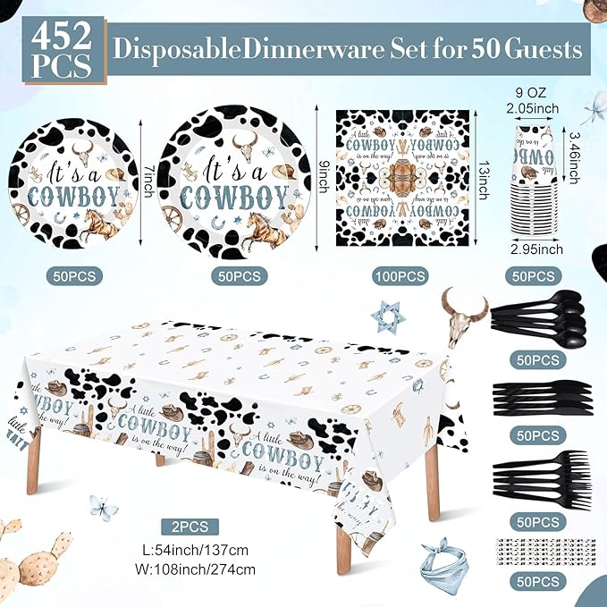 452 Pcs Cowboy Baby Shower Party Decorations Include a Little Cowboy Is on the Way Paper Plates Napkins Cups Tablecloth Cutlery Straws for girl Girl Baby Shower Party Supplies