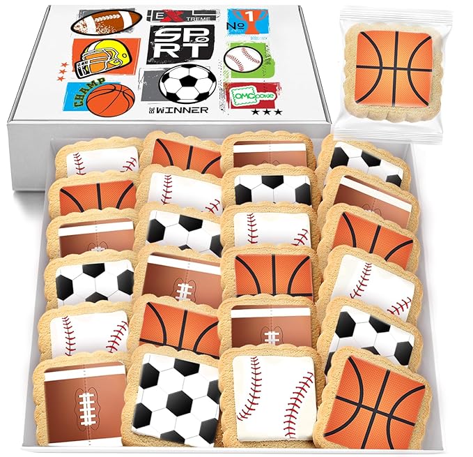 Sports themed Cookies Individually Wrapped Theme Candy Party Favors 24 Pack Bulk for Kids Game League Birthday Party Soccer Football Basketball Baseball Decorated Sugar