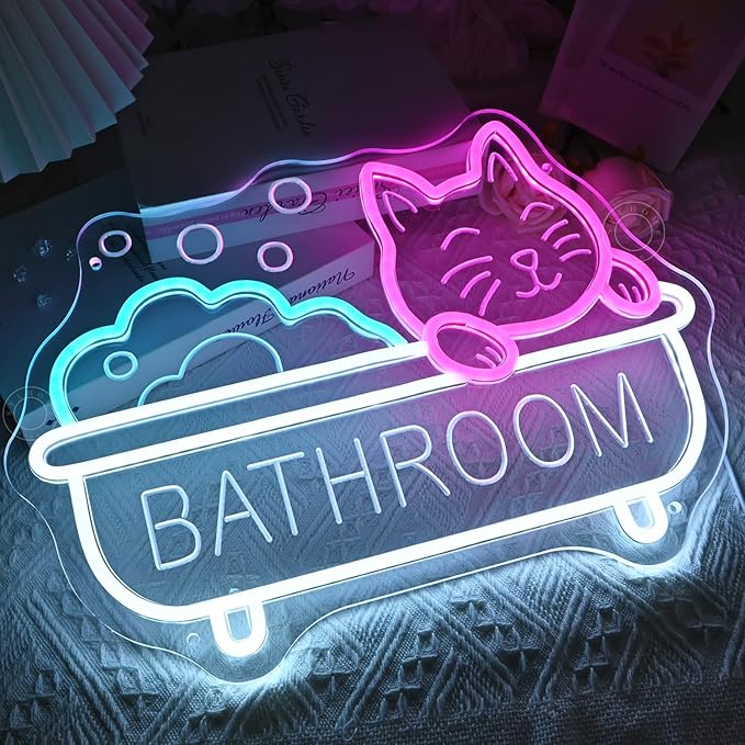 SYLHOME Bathroom Cat Led Neon Light Sign Bath Cat Bathing Home Bathroom Kids Room Funny Wall Sign Decor Birthday Christmas Party 15.75" X 11.4" USB